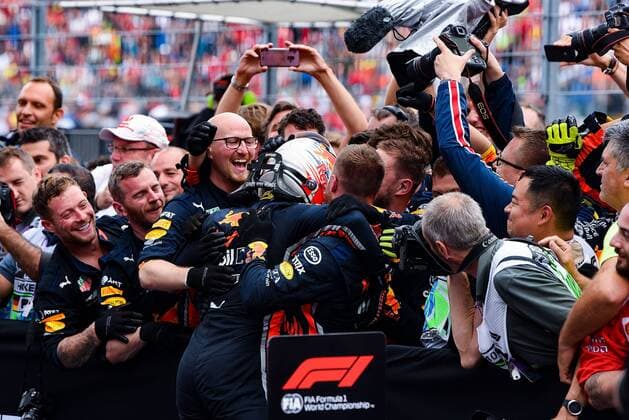28 07 2019, xpsx, Motorsport FIA Formula 1, Mercedes Benz Grand Prix of Germany 2019 race v l winner, Jubel Max Verstappen Aston Martin Red Bull Racing 33 NED Hockenheim
