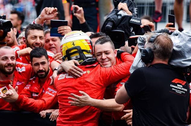 28 07 2019, xpsx, Motorsport FIA Formula 1, Mercedes Benz Grand Prix of Germany 2019 Race v l Jubilation Sebastian Vettel Scuderia Ferrari Mission Winnow 5 GER with Team Hockenheim