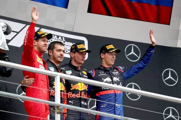Motorsports: FIA Formula One World Championship, WM, Weltmeisterschaft 2019, Grand Prix of Germany, 5 Sebastian Vettel (GER, Scuderia Ferrari Mission Winnow), Philip Turner (Aston Martin Red Bull Racing), 33 Max Verstappen (NLD, Aston Martin Red Bull Racing), 26 Daniil Kvyat (RUS, Red Bull Toro Rosso Honda), Hockenheim Germany