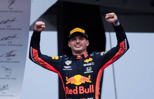 28 07 2019, xpsx, Motorsport FIA Formula 1, Mercedes Benz Grand Prix of Germany 2019 race v l Jubel Max Verstappen Aston Martin Red Bull Racing 33 NED Hockenheim