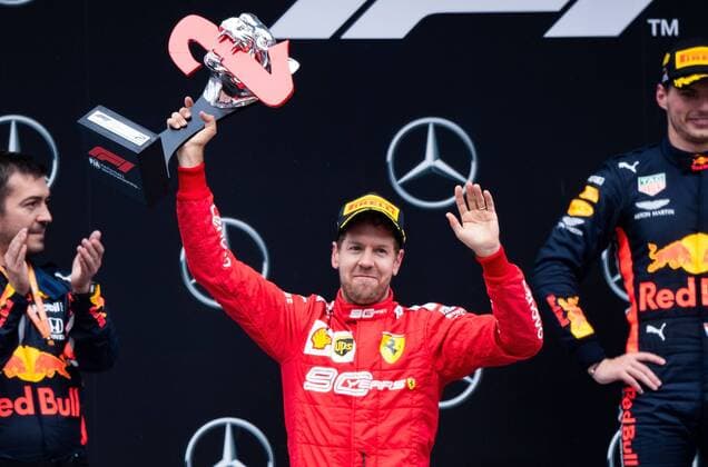 28 07 2019, xpsx, Motorsport FIA Formula 1, Mercedes Benz Grand Prix of Germany 2019 race v l award ceremony, podium, jubilation, Sebastian Vettel Scuderia Ferrari Mission Winnow 5 GER Hockenheim