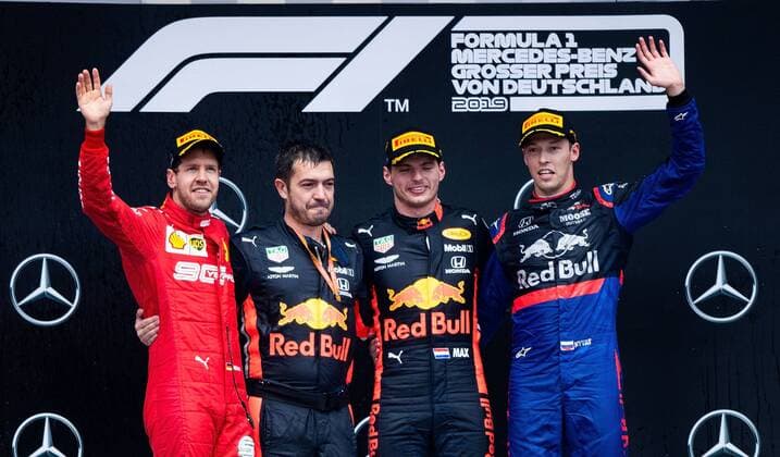 28 07 2019, xpsx, Motorsport FIA Formula 1, Mercedes Benz Grand Prix of Germany 2019 Race v l Award Ceremony, Podium, Jubilation, Sebastian Vettel Scuderia Ferrari Mission Winnow 5 GER , Max Verstappen Aston Martin Red Bull Racing 33 NED , Daniil Kvyat Red Bull Toro Rosso Honda 26 RUS Hockenheim