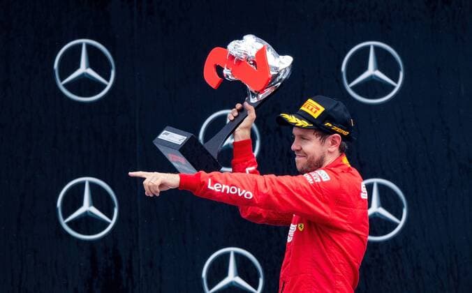 28 07 2019, xpsx, Motorsport FIA Formula 1, Mercedes Benz Grand Prix of Germany 2019 race v l award ceremony, podium, jubilation, Sebastian Vettel Scuderia Ferrari Mission Winnow 5 GER Hockenheim