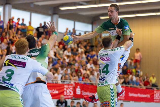 Altensteig, Germany 28 July 2019 HBL S Cup 19 20 FA Göppingen vs HSG Wetzlar Emil Frend Öfers Oefers Wetzlar with passport, Kresimir Kozina Goeppingen Altensteig Eichwaldhalle Baden Württemberg Germany