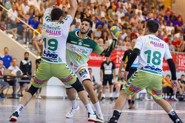 Altensteig, Germany 28 July 2019 HBL S Cup 19 20 FA Göppingen vs HSG Wetzlar vs. Ivan Sliskovic Goeppingen , Stefan Cavor Wetzlar , Josip Peric Goeppingen Altensteig Eichwaldhalle Baden Württemberg Germany