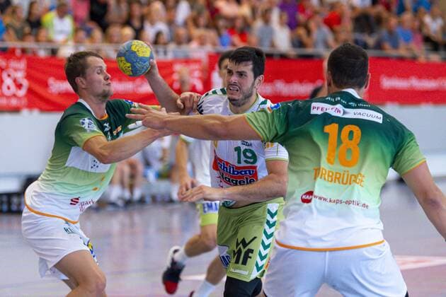 Altensteig, Germany 28 July 2019 HBL S Cup 19 20 FA Göppingen vs HSG Wetzlar vs. HSG Eil Frend Öfers Wetzlar , Ivan Sliskovic Goeppingen , Nils Torbrügge Wetzlar Altensteig Eichwaldhalle Baden Württemberg Germany