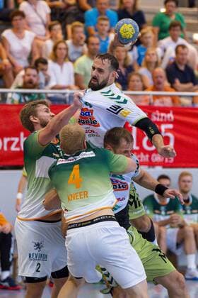Altensteig, Germany 28 July 2019 HBL S Cup 19 20 FA Göppingen vs HSG Wetzlar v left in the duel Alexander Feld Wetzar , Tim Kneule Goeppingen with the ball, Kresimir Kozina Goeppingen , Stefan Kneer Wetzlar Altensteig Eichwaldhalle Baden Württemberg Germany