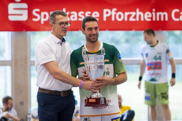 Altensteig, Germany 28 July 2019 HBL S Cup 19 20 FA Göppingen vs HSG Wetzlar Filip Mirkulovski with the winners cup Altensteig Eichwaldhalle Baden Württemberg Germany