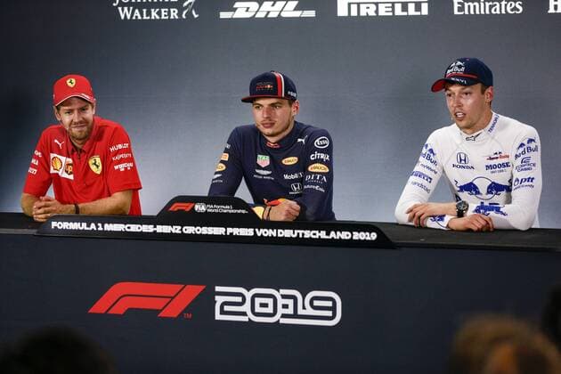 Motorsports: FIA Formula One World Championship, WM, Weltmeisterschaft 2019, Grand Prix of Germany, 5 Sebastian Vettel (GER, Scuderia Ferrari Mission Winnow), 33 Max Verstappen (NLD, Aston Martin Red Bull Racing), 26 Daniil Kvyat (RUS, Red Bull Toro Rosso Honda), Hockenheim Germany