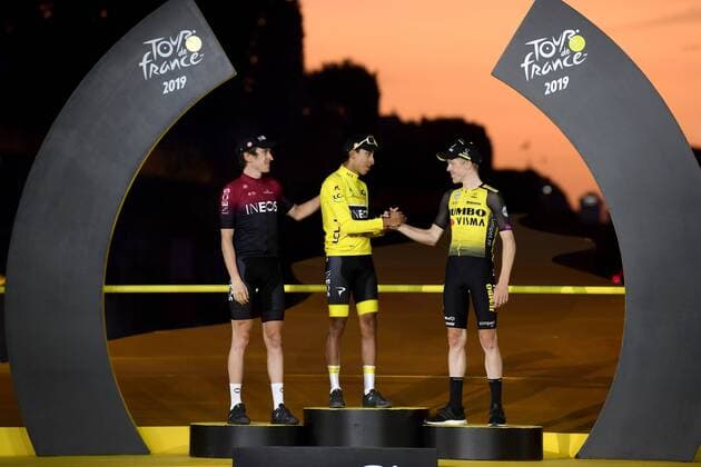 PARIS, FRANCE - JULY 28 : BERNAL Egan (COL) of Team INEOS, THOMAS Geraint (GBR) of Team INEOS, KRUIJSWIJK Steven (NED) of Team Jumbo-Visma during stage 21 of the 106th edition of the 2019 Tour de France cycling race, a stage of 128 kms between Rambouillet and Paris Champs-Elysees on July 28, 2019 in Paris, France, 28 07 2019 CYCLISME : Tour de France 2019 - Etape 21 - Rambouillet a Paris Champs-Elysees - 28 07 2019 PhotoNews Panoramic 