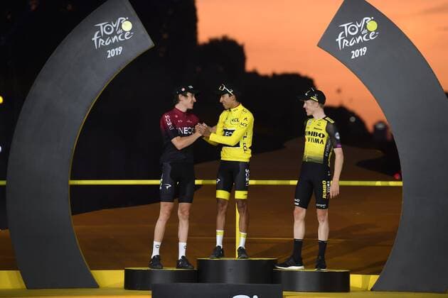 PARIS, FRANCE - JULY 28 : BERNAL Egan (COL) of Team INEOS, THOMAS Geraint (GBR) of Team INEOS, KRUIJSWIJK Steven (NED) of Team Jumbo-Visma during stage 21 of the 106th edition of the 2019 Tour de France cycling race, a stage of 128 kms between Rambouillet and Paris Champs-Elysees on July 28, 2019 in Paris, France, 28 07 2019 CYCLISME : Tour de France 2019 - Etape 21 - Rambouillet a Paris Champs-Elysees - 28 07 2019 PhotoNews Panoramic 