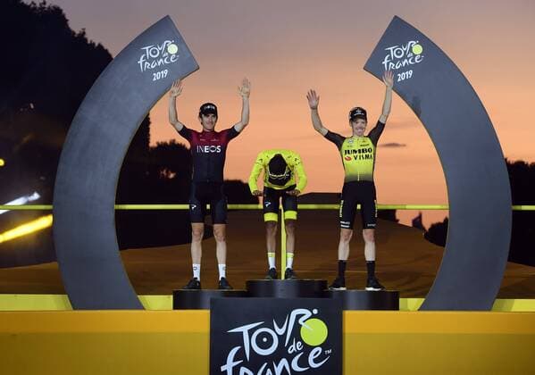 PARIS, FRANCE - JULY 28 : BERNAL Egan (COL) of Team INEOS, THOMAS Geraint (GBR) of Team INEOS, KRUIJSWIJK Steven (NED) of Team Jumbo-Visma during stage 21 of the 106th edition of the 2019 Tour de France cycling race, a stage of 128 kms between Rambouillet and Paris Champs-Elysees on July 28, 2019 in Paris, France, 28 07 2019 CYCLISME : Tour de France 2019 - Etape 21 - Rambouillet a Paris Champs-Elysees - 28 07 2019 PhotoNews Panoramic 