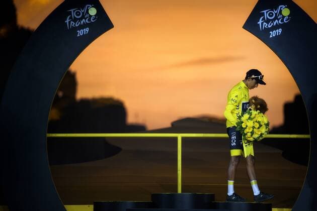 Colombian Egan Bernal of Team Ineos leaves the podium after the final stage of the 106th edition of the Tour de France cycling race, from Rambouillet to Paris Champs-Elysees (128km), France, Sunday 28 July 2019. This year s Tour de France starts in Brussels and takes place from July 6th to July 28th. YORICKxJANSENS  x05635399x
