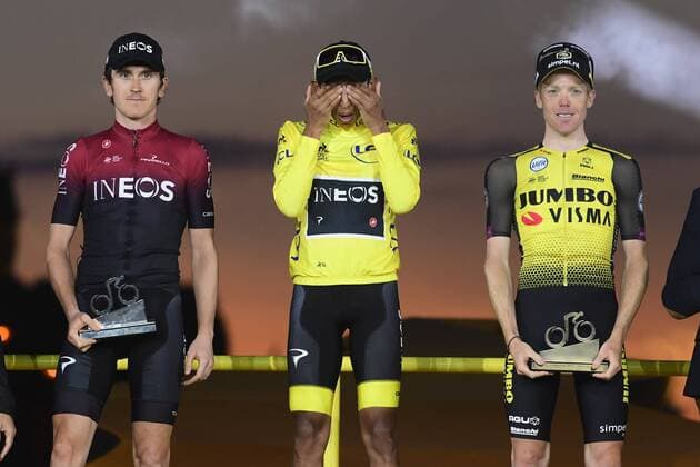 PARIS, FRANCE - JULY 28 : BERNAL Egan (COL) of Team INEOS, THOMAS Geraint (GBR) of Team INEOS, KRUIJSWIJK Steven (NED) of Team Jumbo-Visma during stage 21 of the 106th edition of the 2019 Tour de France cycling race, a stage of 128 kms between Rambouillet and Paris Champs-Elysees on July 28, 2019 in Paris, France, 28 07 2019 CYCLISME : Tour de France 2019 - Etape 21 - Rambouillet a Paris Champs-Elysees - 28 07 2019 PhotoNews Panoramic 