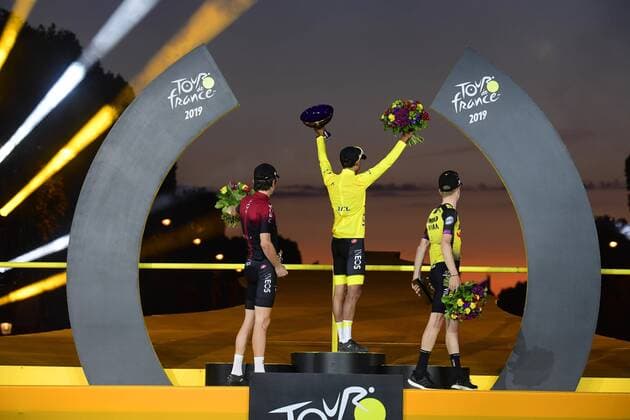 PARIS, FRANCE - JULY 28 : BERNAL Egan (COL) of Team INEOS, THOMAS Geraint (GBR) of Team INEOS, KRUIJSWIJK Steven (NED) of Team Jumbo-Visma during stage 21 of the 106th edition of the 2019 Tour de France cycling race, a stage of 128 kms between Rambouillet and Paris Champs-Elysees on July 28, 2019 in Paris, France, 28 07 2019 CYCLISME : Tour de France 2019 - Etape 21 - Rambouillet a Paris Champs-Elysees - 28 07 2019 PhotoNews Panoramic 