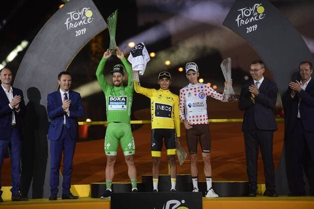 PARIS, FRANCE - JULY 28 : SAGAN Peter (SVK) of BORA - HANSGROHE, BERNAL GOMEZ Egan Arley (COL) of TEAM INEOS and BARDET Romain (FRA) of AG2R LA MONDIALE pictured during the podium ceremony after stage 21 of the 106th edition of the 2019 Tour de France cycling race, a stage of 128 kms between Rambouillet and Paris Champs-Elysees on July 28, 2019 in Paris, France, 28 07 2019 CYCLISME : Tour de France 2019 - Etape 21 - Rambouillet a Paris Champs-Elysees - 28 07 2019 PhotoNews Panoramic 