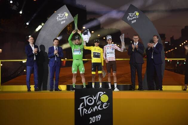 PARIS, FRANCE - JULY 28 : SAGAN Peter (SVK) of BORA - HANSGROHE, BERNAL GOMEZ Egan Arley (COL) of TEAM INEOS and BARDET Romain (FRA) of AG2R LA MONDIALE pictured during the podium ceremony after stage 21 of the 106th edition of the 2019 Tour de France cycling race, a stage of 128 kms between Rambouillet and Paris Champs-Elysees on July 28, 2019 in Paris, France, 28 07 2019 CYCLISME : Tour de France 2019 - Etape 21 - Rambouillet a Paris Champs-Elysees - 28 07 2019 PhotoNews Panoramic 