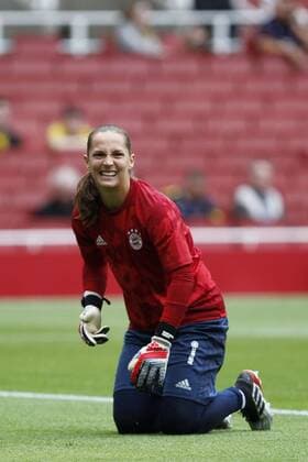 Laura Benkarth of Bayern Munich Women is all smiles in the warm up during the pre season match between Arsenal Women v FC Bayern Munich Women at the Emirates Stadium, London, England on 28 July 2019. Copyright: xCarltonxMyriex PMI-2927-0089