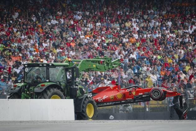 July 28, 2019, Hockenheim, Germany: Ferrari car of Monegasque driver Charles Leclerc is being towed away after crashing during the German F1 Grand Prix race. German F1 Grand Prix race in Hockenheim, Germany - 28 Jul 2019 - ZUMAs197 20190728_zaa_s197_173 Copyright: xJurexMakovecx
