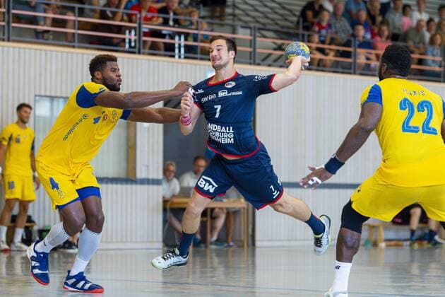 Altensteig, Germany 28 July 2019 2 HBL S Cup 19 20 SG BBM Bietigheim vs FC Porto vs. left Victor Iturriza FC Porto , Dominik Claus SG BBM Bietigheim Altensteig Eichwaldhalle Baden Württemberg Germany