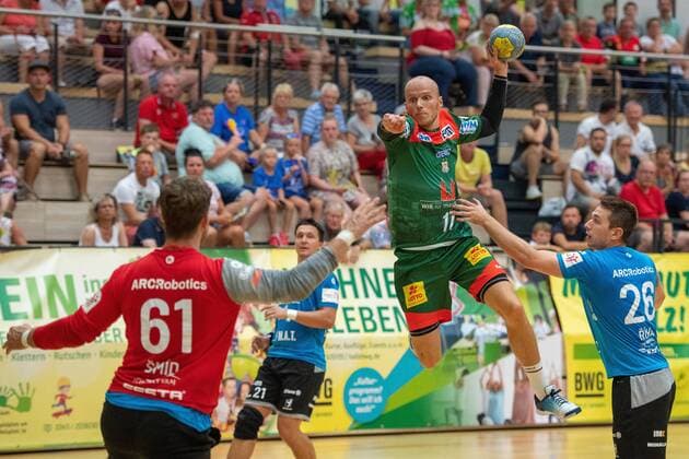 Zeljko Musa SC Magdeburg at the goal throw SC Magdeburg vs. MAT Pilsen at the BWG Handball Day in the Erdgas Sportarena Halle Saale Sachsen Anhalt Germany