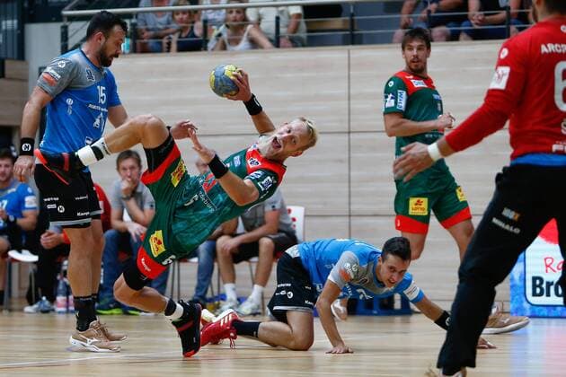 30 07 2019, xtgx, Handball test game, SC Magdeburg Talent Robstav M A T Plzen emspor, v l Matthias Musche Magdeburg, 6 scores goal, scorer, scored goal, scores the goal Halle Saale