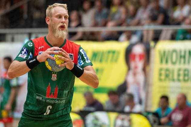 Matthias Musche SC Magdeburg at the seven-meter throw SC Magdeburg vs. MAT Pilsen at the BWG Handball Day in the Erdgas Sportarena Halle Saale Sachsen Anhalt Germany