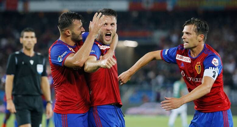 30 07 2019 St Jakob Park Basel , SWITZERLAND , Season 2019 2020 Football Champions League Qualification return FC Basel PSV Eindhoven Torjubel Albian Ajeti , Ricky van Wolfswinkel and Valentin Stocker FC Basel at 2 1