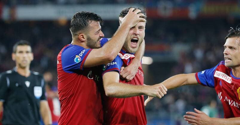 30 07 2019 St Jakob Park Basel , SWITZERLAND , Season 2019 2020 Football Champions League Qualification return FC Basel PSV Eindhoven Torjubel Albian Ajeti , Ricky van Wolfswinkel and Valentin Stocker FC Basel at 2 1