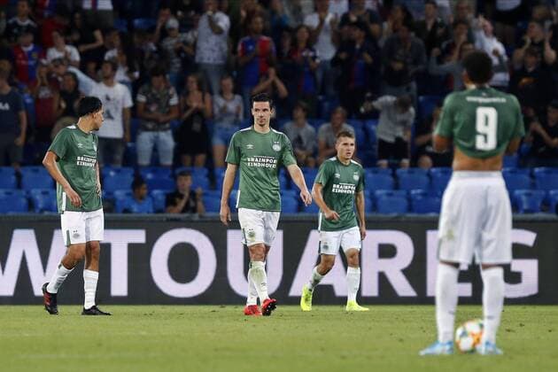 BASEL, 30-07-2019, St. Jakob-Park, Champions League third preliminary round season 2019-2020. Basel - PSV. PSV defender Nick Viergever (C) and PSV midfielder Erick Gutierrez (L) and PSV midfielder Michal Sadilek (R) dejected after the game Basel - PSV (2-1). Basel - PSV  x4009990x Copyright: