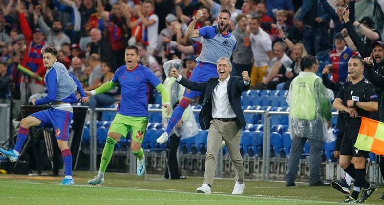 30 07 2019 St Jakob Park Basel , SWITZERLAND , Season 2019 2020 Football Champions League Qualification Second leg FC Basel PSV Eindhoven Coach Marcel Koller FC Basel cheers after 2 1