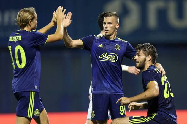 (190731) -- ZAGREB, July 31, 2019 -- Mislav Orsic (C) of GNK Dinamo Zagreb celebrates after scoring with teammates Lovro Majer (L) and Bruno Petkovic during the second leg of second qualifying round match of UEFA Champions League between GNK Dinamo Zagreb and FC Saburtalo Tbilisi in Zagreb, Croatia, July 30, 2019. GNK Dinamo won 3-0. ( Pixsell via Xinhua) (SP)CROATIA-ZAGREB-UEFA CHAMPIONS LEAGUE-DINAMO ZAGREB VS SABURTALO TBILISI LukaxStanzl 