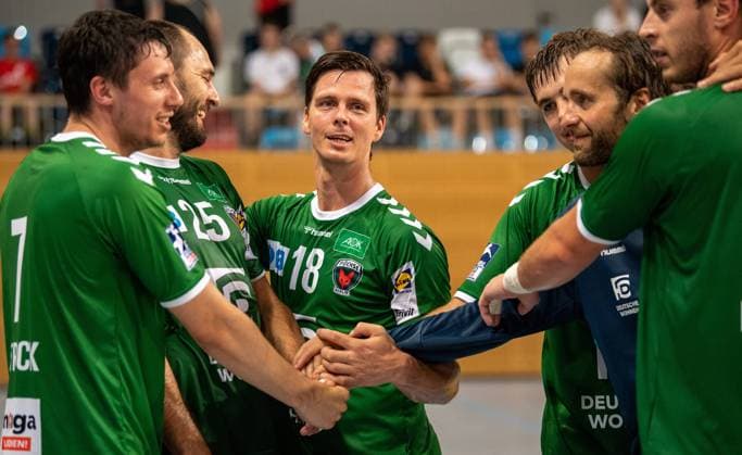 Handball Potsdam MBS Arena Airship Harbour 30 07 2019 Lightning tournament Season opener of the 1 VfL Potsdam FÜCHSE BERLIN Vlnr Kevin STRUCK 7 Fox Michael Mueller MÜLLER 25 Fox Hans LINDBERG 18 Fox Silvio Heinevetter 12 TW Fox Jacob Tandrup HOLM 6 Fox Mihajlo MARSENIC 93 Fox
