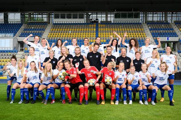 Team photo session season 2019 2020 FLYERALARM Womens Bundesliga on 31 7 2019 FF USV Jena Jubelmannschaftfoto behind v li Svenja Paulsen, Jena Sedlácková, Leonie Kreil, Anja Heuschkel, Jalila Dalaf, Anna Weiß, Lisa Seiler, Julia Arnold, Isabelle Knipp middle from left Tina Kremlitschka, Christin Meyer, Saskia Schwarz Team Manager , Anita Poppe Physiotherapist , Thilo Osterbrink Co Trainer , Christopher Heck Head Coach , Martin Buder Individual Reha Coach , Stephan Fleischhauer Goalkeeper Coach , Susann Utes Co Trainer , Maren Tellenbröker, Merza Julevic in front from Julie Karn, Pia Große, Jitka Chlastáková, Nelly Juckel, Laura Kiontke, Sarah Hornschuch, Inga Schuldt, Any Adam, Vanessa Fudalla, Donika Grajqevci, Annika Graser Missing Karla Görlitz Ernst Abbe Sportfeld