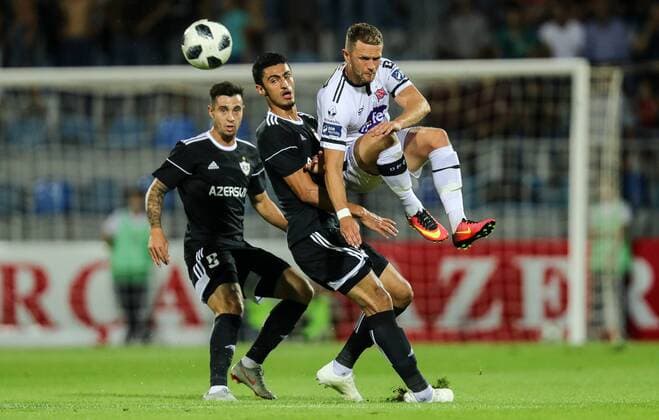 UEFA Champions League Second Qualifying Round Second Leg, Dalga Arena, Baku, Azerbaijan 31 7 2019 Qarabag vs Dundalk Dundalk s Dane Massey with Rahil Mammadov of Qarabag Dane Massey with Rahil Mammadov 31 7 2018  Copyright: x©INPHO RyanxByrnex RB1_0108