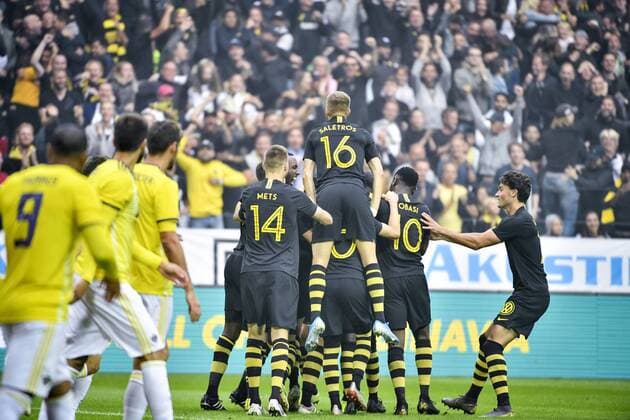 AIK players celebrate their opening goal during the UEFA Champions League second qualifying round leg 2 soccer match between AIK and NK Maribor Slovenia at Friends Arena in Stockholm, Sweden, on July 31,2019 Stockholm SWEDEN SOCCER x11880x,  Copyright: xNainaxHelenxJama TTx KVAL CHAMPIONS LEAGUE AIK-MARIBOR