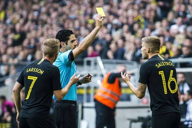 190731 Anton Saletros of AIK gets a yellow card during the UEFA Champions League qualifying match between AIK and Maribor on July 31, 2019 in Stockholm Photo Jesper Zerman BILDBYRAN Cop 234 Fotboll Football UEFA Champions League 2019 2020 Champions League qualification CL AIK Maribor,  Copyright: JESPERxZERMAN BB190731JZ025