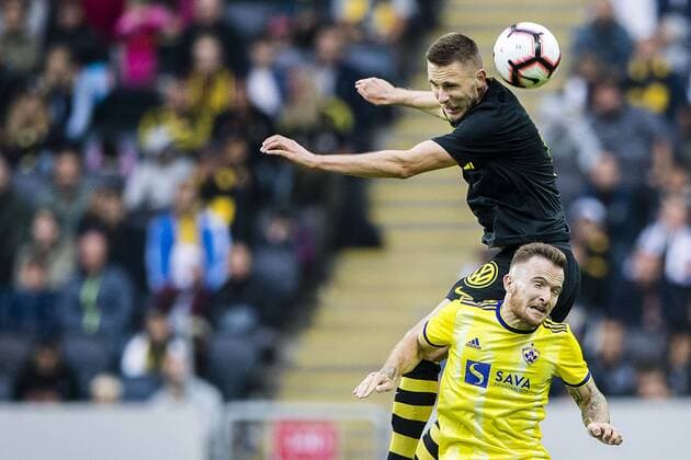 190731 Karol Mets of AIK and Dino Hotic of Maribor during the UEFA Champions League qualifying match between AIK and Maribor on July 31, 2019 in Stockholm Photo Jesper Zerman BILDBYRAN Cop 234 Fotboll Football UEFA Champions League 2019 2020 Champions League qualification CL AIK Maribor,  Copyright: JESPERxZERMAN BB190731JZ032
