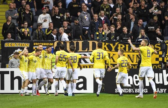 Marobor s Andrej Kotnik 3rd from L celebrates with team mates after scoring during the UEFA Champions League second qualifying round leg 2 soccer match between AIK and NK Maribor Slovenia at Friends Arena in Stockholm, Sweden, on July 31,2019 Stockholm SWEDEN SOCCER x11880x,  Copyright: xNainaxHelenxJama TTx KVAL CHAMPIONS LEAGUE AIK-MARIBOR