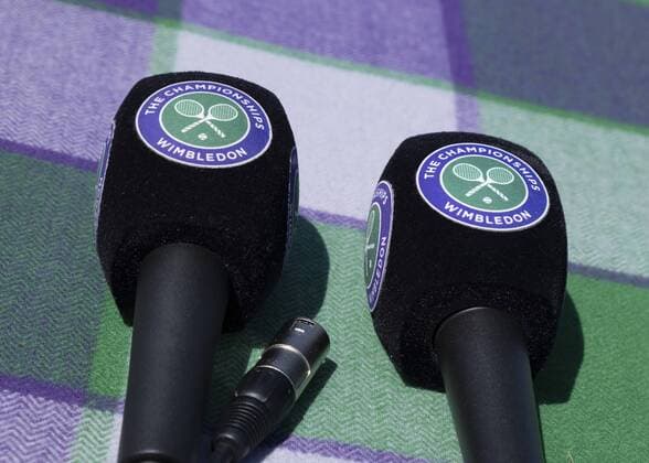 Wimbledon feature, two TV microphones with the Wimbledon logo, close-up, detail Copyright: xJuergenxHasenkopfx