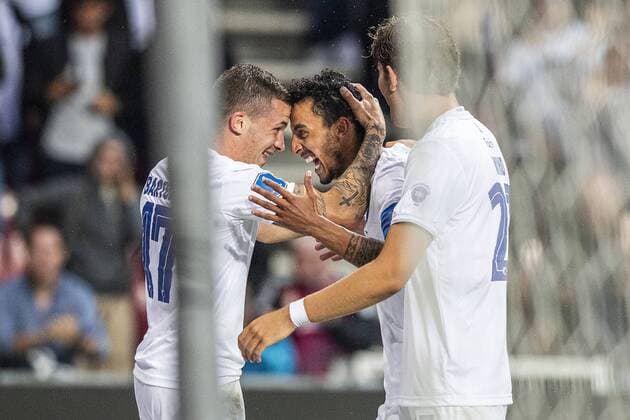 Karlo Bartolec 17, FC Copenhagen and Carlos Zeca 10, FC Copenhagen, cheer for the goal of 1 0 during the match in the Champions League Qualifier between FC Copenhagen and The New Saints FC in the Park on Wednesday 31 July 2019, Copenhagen Denmark,  Copyright: AndersxKjaerbyex-xRitzauxScanpix AndersxKjaerbyex cop101 spdk20190731-215049-L