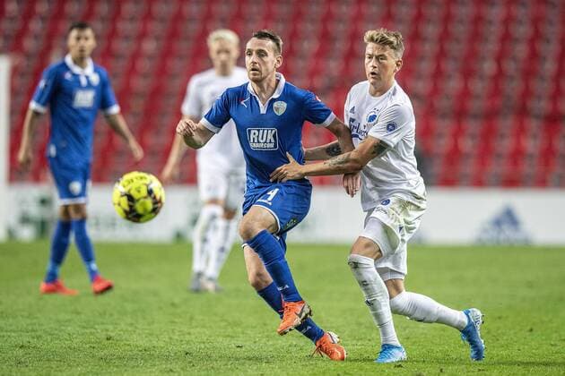 Jamie Mullan 14, The New Saints FC and Nicolaj Thomsen 8, FC Copenhagen during the match in the Champions League Qualifier between FC Copenhagen and The New Saints FC in the Park on Wednesday 31 July 2019, Copenhagen Denmark,  Copyright: AndersxKjaerbyex-xRitzauxScanpix AndersxKjaerbyex cop101 spdk20190731-215703-L
