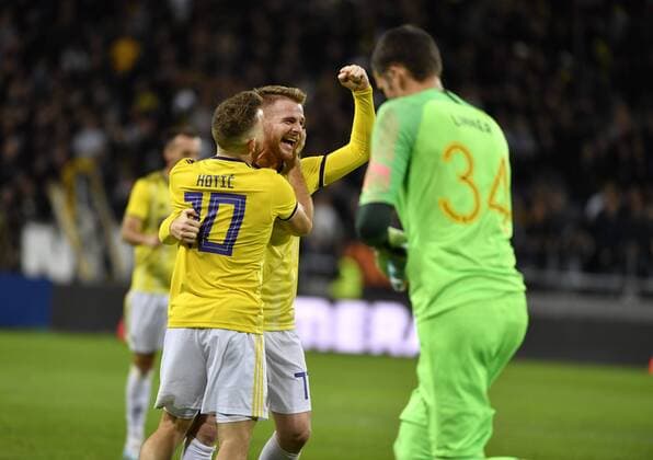 Maribor s Dino Hotic L and Vancas Pozeg celebrate after the UEFA Champions League second qualifying round leg 2 soccer match between AIK and NK Maribor Slovenia at Friends Arena in Stockholm, Sweden, on July 31,2019 Stockholm SWEDEN SOCCER x11880x,  Copyright: xNainaxHelenxJama TTx KVAL CHAMPIONS LEAGUE AIK-MARIBOR