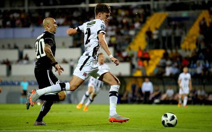 UEFA Champions League Second Qualifying Round Second Leg, Dalga Arena, Baku, Azerbaijan 31 7 2019 Qarabag vs Dundalk Qarabag s Richard Almeida and Sean Gannon of Dundalk Richard Almeida and Sean Gannon 31 7 2018  Copyright: x©INPHO RyanxByrnex RB2_0009