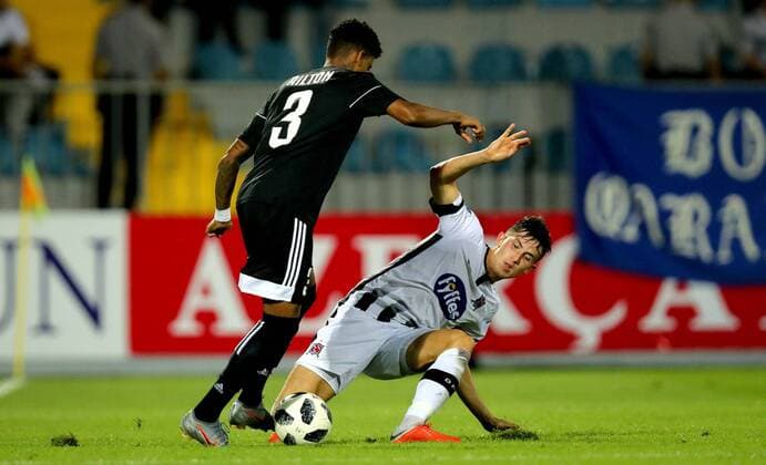 UEFA Champions League Second Qualifying Round Second Leg, Dalga Arena, Baku, Azerbaijan 31 7 2019 Qarabag vs Dundalk Qarabag s Ailton Ferreira Silva and Jamie McGrath of Dundalk Ailton Ferreira Silva and Jamie McGrath 31 7 2018  Copyright: x©INPHO RyanxByrnex RB1_0884