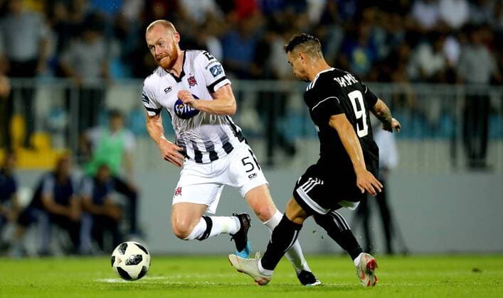 UEFA Champions League Second Qualifying Round Second Leg, Dalga Arena, Baku, Azerbaijan 31 7 2019 Qarabag vs Dundalk Qarabag s Jaime Romero Rodrigues and Chris Shields of Dundalk Jaime Romero Rodrigues and Chris Shields 31 7 2018  Copyright: x©INPHO RyanxByrnex RB1_0418
