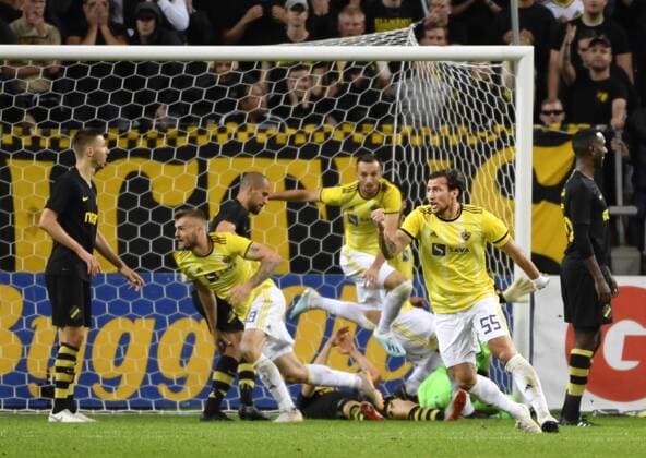 STOCKHOLM 20190731 Maribors Alexandru Cretu TV and Spiro Pericic cheer when Cretu sets the 3 2 goal in Wednesdays qualifying match for the Uefa Champions League, second round, second match between AIK and NK Maribor at Friends Arena Photo Naina Helen Jama TT code 11880 Stockholm Sweden x11880x,  Copyright: xNainaxHelenxJama TTx KVAL CHAMPIONS LEAGUE AIK-MARIBOR