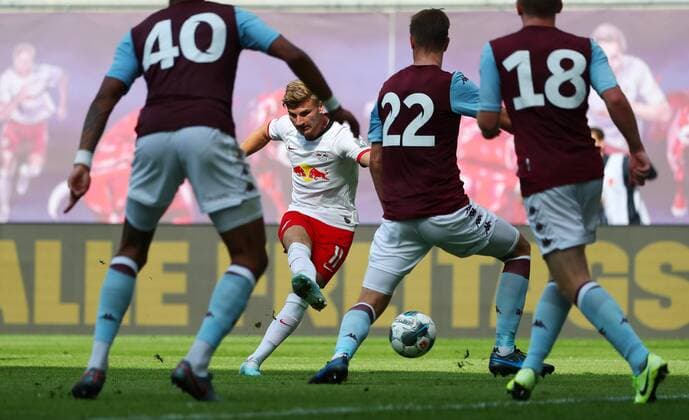 RB Leipzig Aston Villa Football Test match Leipzig, 03 08 2019, Red Bull Arena, Football Test match , RB Leipzig GER vs Aston Villa FC ENG , In the picture v l Tyrone Mings 40, Aston Villa , Timo Werner 11, RB Leipzig , Björn Engels 22, Aston Villa and Matt Targett 18, Aston Villa ,