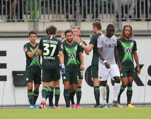 Goal celebration Yannick Gerhardt VfL Wolfsburg DFL REGULATIONS PROHIBIT ANY USE OF PHOTOGRAPHS AS IMAGE SEQUENCES AND OR QUASI VIDEO