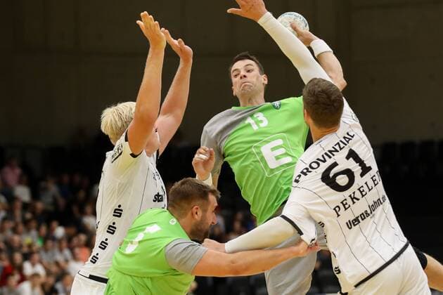 HANDBALL - Allstars vs Kiel, test match GRAZ,AUSTRIA,03.AUG.19 - HANDBALL - Styrian Allstars vs THW Kiel, test match. Image shows Patrick Wiencek (Kiel), Marko Tanascovic (Allstars) and Hendrik Pekeler (Kiel). GEPAxpictures xChristianxWalgram